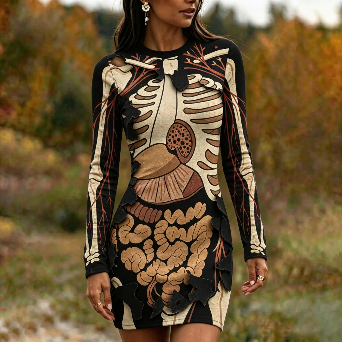 Women's Gothic Skeleton With Halloween Anatomy Art Print Bodycon Mini Dress