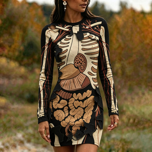 Women's Gothic Skeleton With Halloween Anatomy Art Print Bodycon Mini Dress