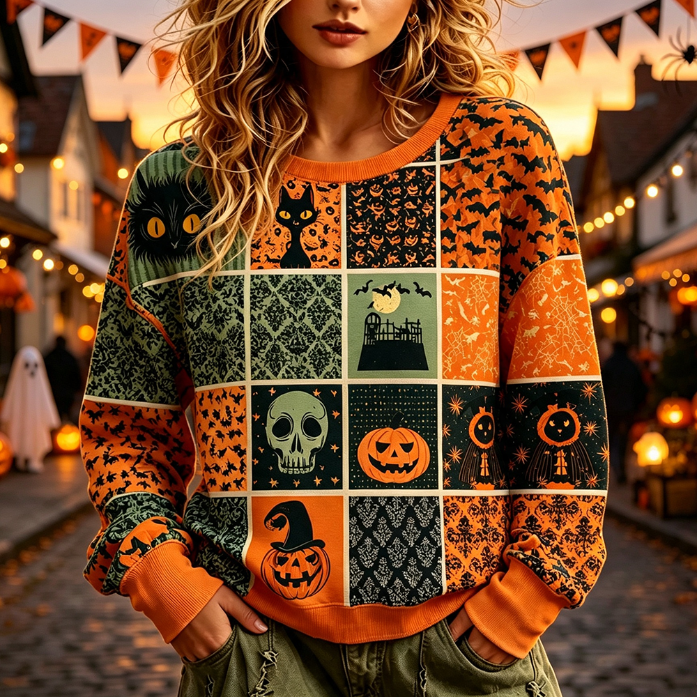 Women's Halloween Patchwork Graphic Crewneck Sweatshirt - Spooky Black Cats, Skulls And Pumpkins Print Pullover