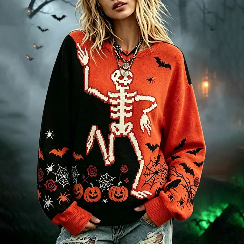 Women's Gothic Halloween Skull Bat Pumpkin Long-sleeve Sweater