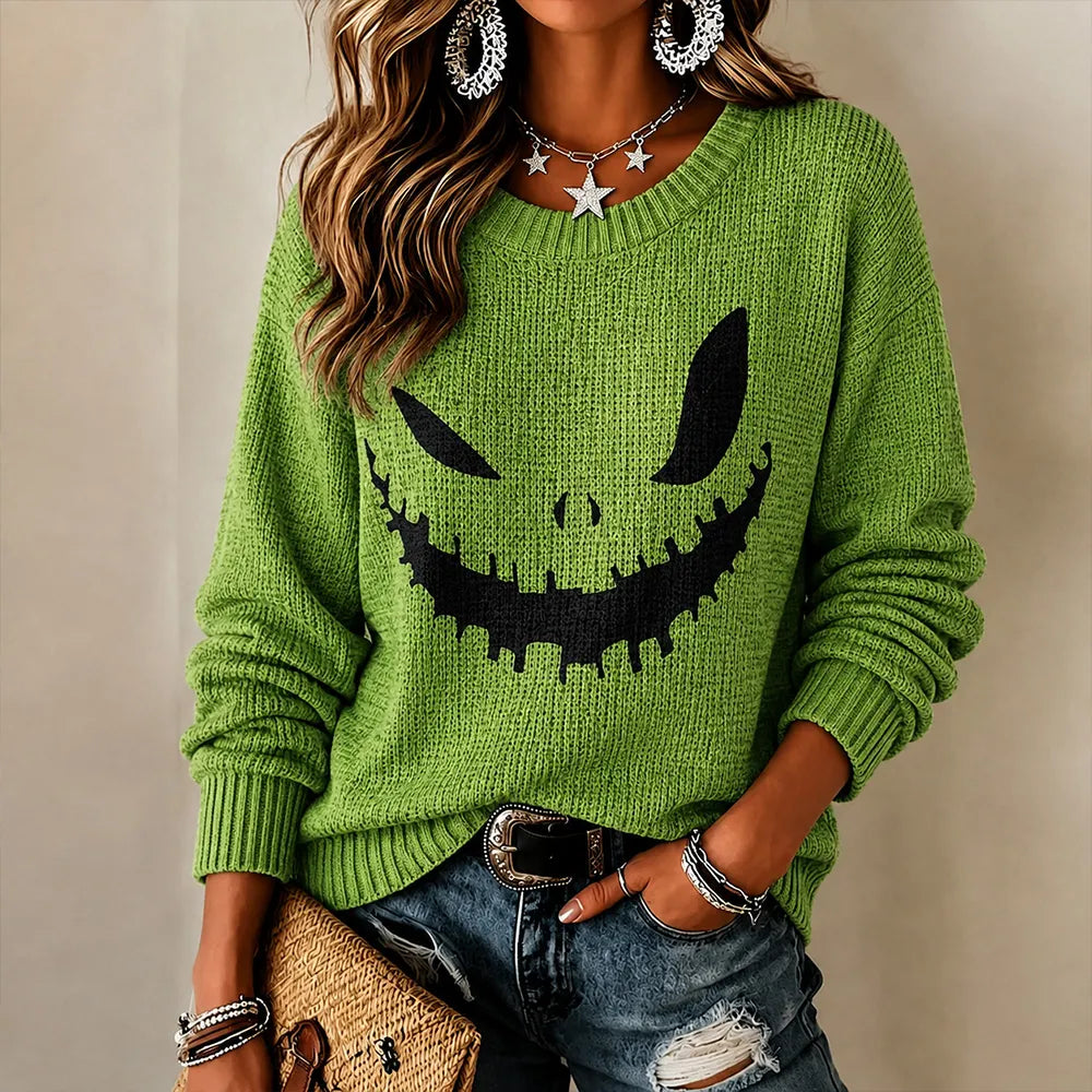 Women's Halloween Pumpkin Ghost Face Art Casual Crewneck Sweater