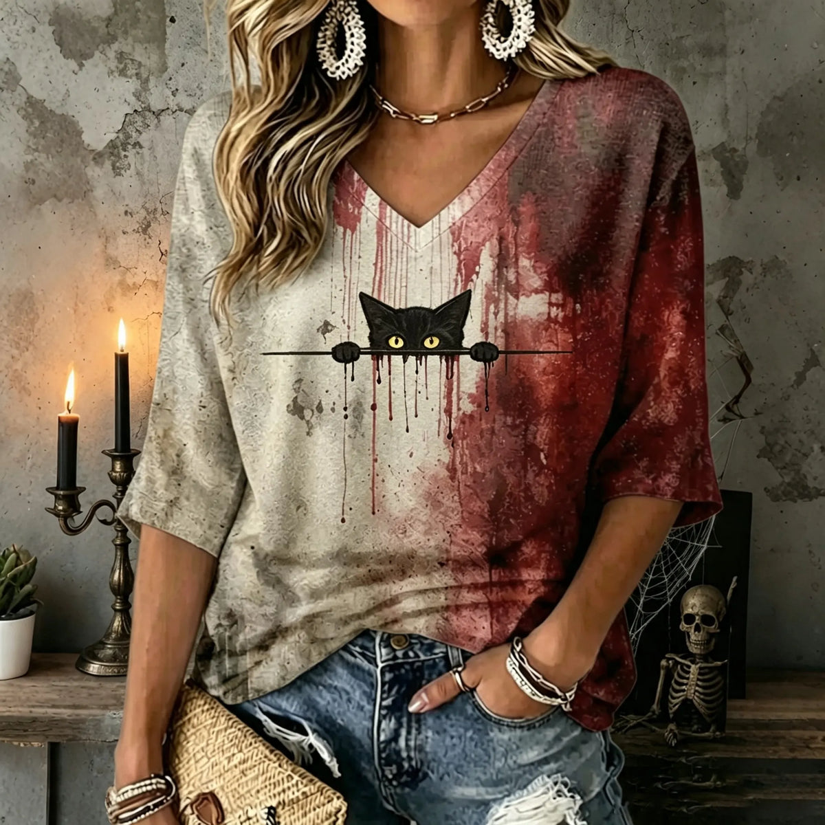 Women's Cute Cat With Blood Printed Mid-length Sleeves V-neck T-shirt