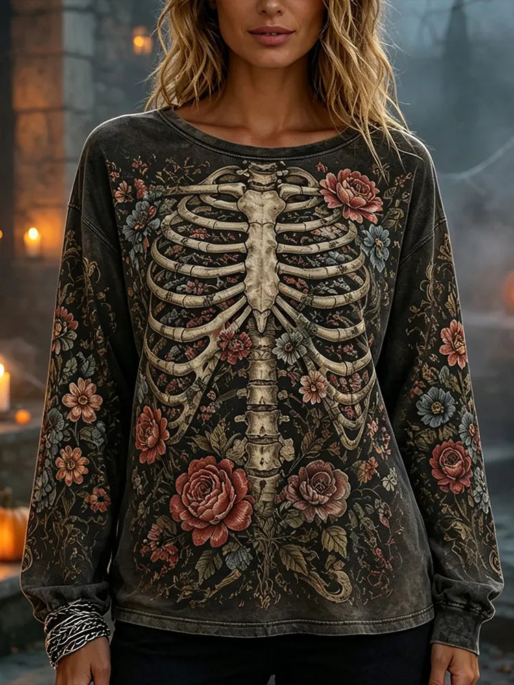 Retro Halloween Bohemian Gothic Style Washed Skull And Rib Pattern Long-sleeved Floral Print Crew Neck Casual Top