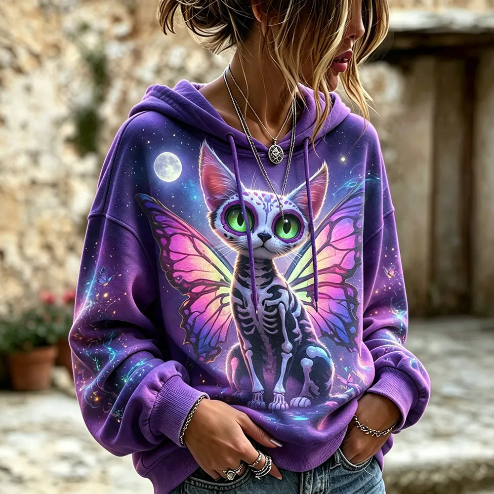 Women's Purple Graphic Pullover Hoodie With Cosmic Skeleton Cat And Butterfly Wings Print