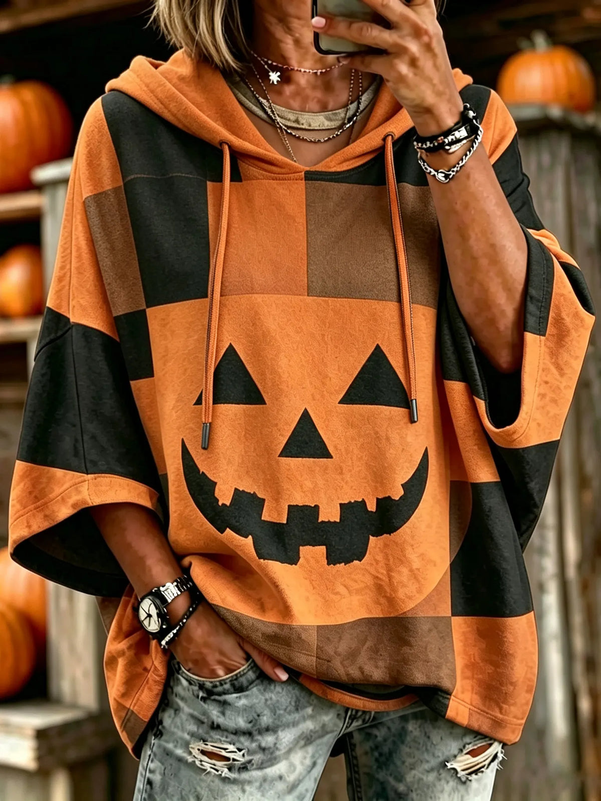 Women's Vintage Patchwork Halloween Pumpkin Face Art Printed  Hooded Sweatshirt