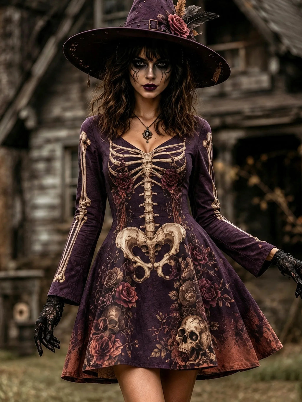 Women's Halloween Skull And Floral Gothic Patterns Art V Neck Mini Dress