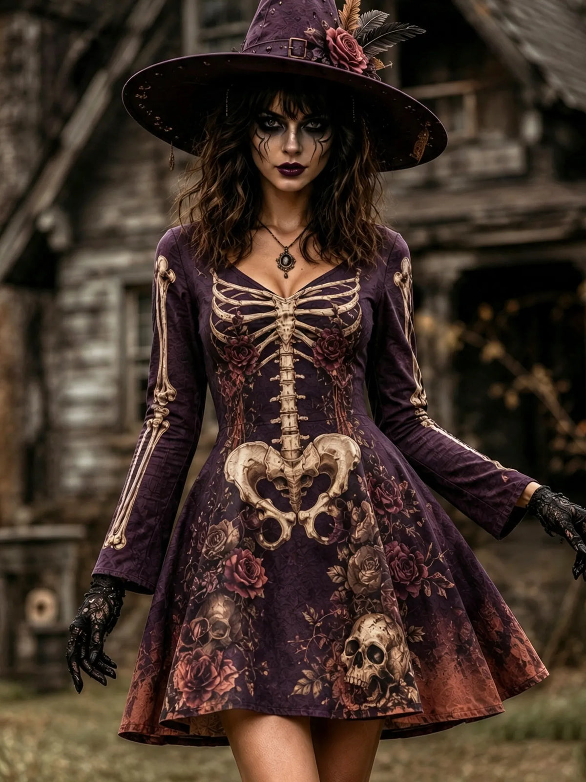Women's Halloween Skull And Floral Gothic Patterns Art V Neck Mini Dress