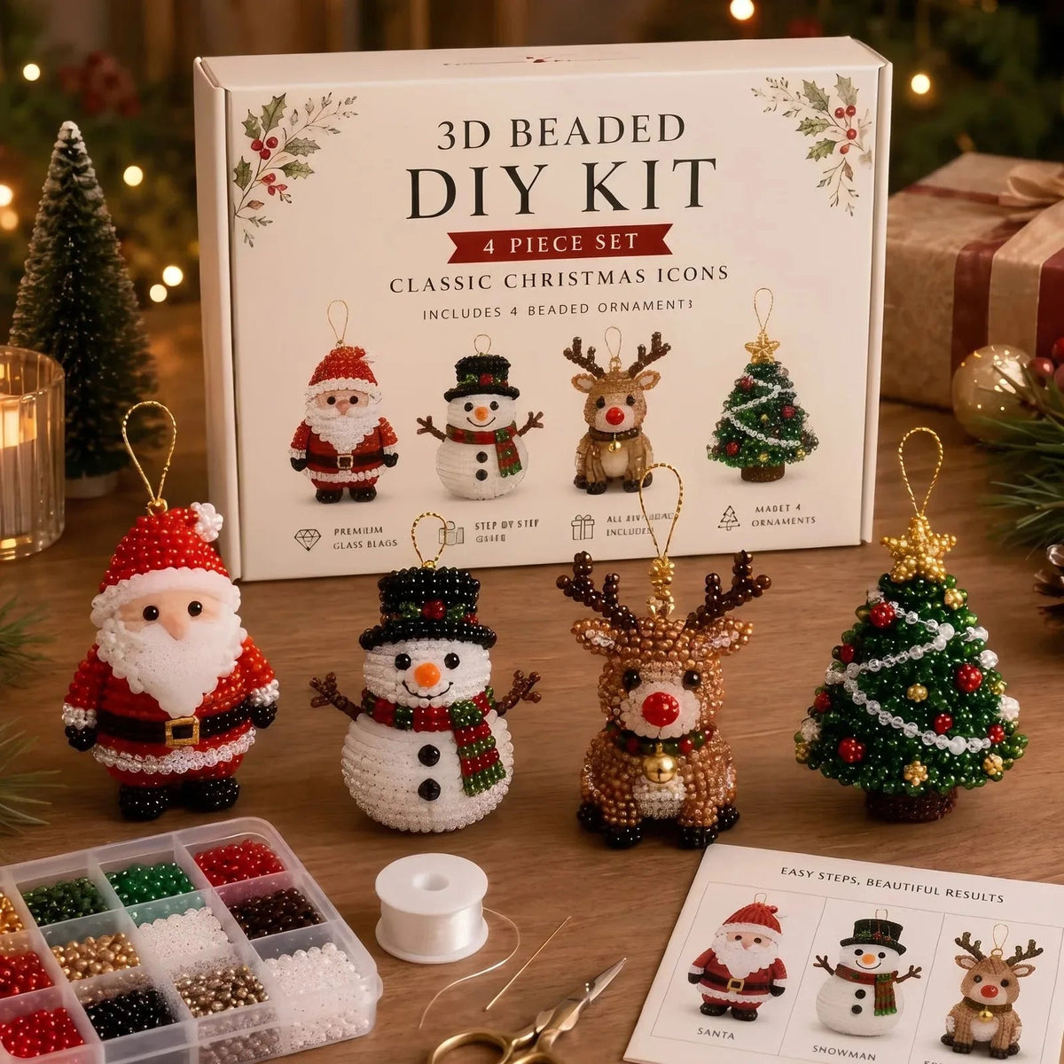 DIY 3D Beaded Christmas Ornament Craft Kit — 8 Festive Sets