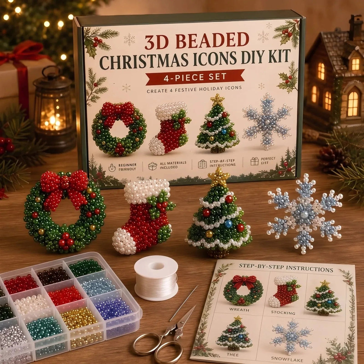 DIY 3D Beaded Christmas Ornament Craft Kit — 8 Festive Sets